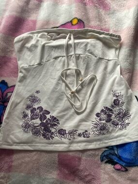 SHEIN White Strapless Tank Top with Purple Floral Print